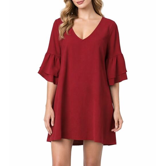 Vintage Dresses & Skirts - Vintage Red Bell Sleeve Shift Dress V-Neck Flowy Retro Party Dress Size Small
